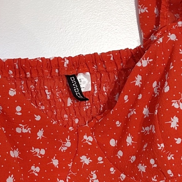 H&M Junior Puff Sleeve Crop Top Red Floral Shirt  Boho Top Summer Resort wear - Picture 9 of 9